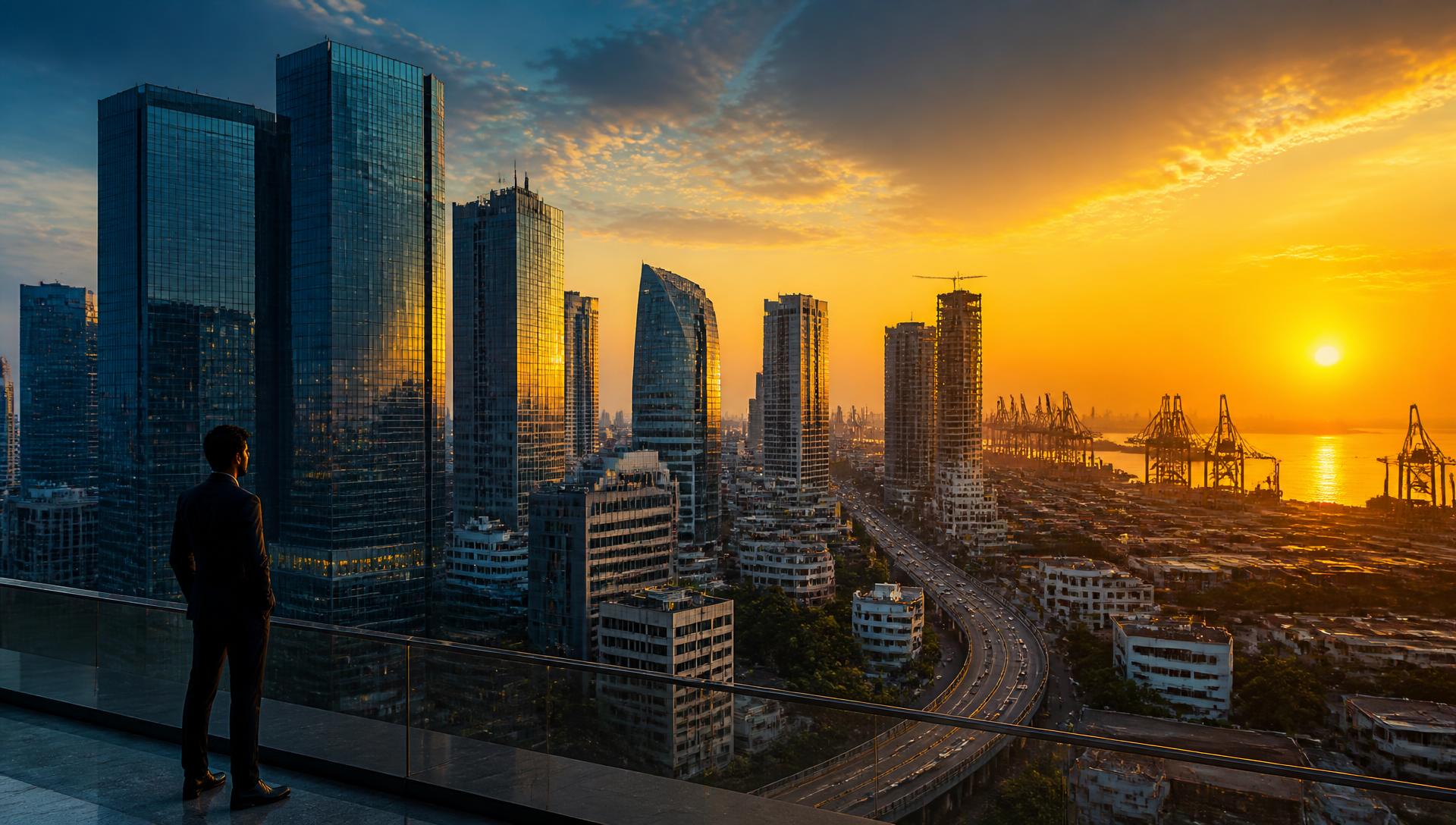Skyline of an Indian commercial hub at sunrise with a port in the distance
